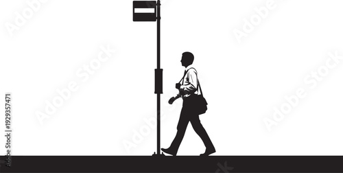 Man walking at bus stop station silhouette vector illustration for public transport commute