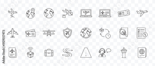 Air Travel and Logistics Line Icons Set. Modern Aviation, Flight, Delivery, Global Transportation Outline Vector Collection.