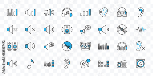 Audio and Sound Icons Set. Modern Line Vectors for Volume, Music, Hearing, Speakers and Controls. Mute, Loudspeaker, Equalizer UI UX Kit