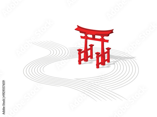 Red Torii Gate in Zen Garden Raked Sand.