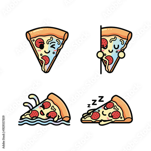 Cartoon pizza slices with different emotions on white background