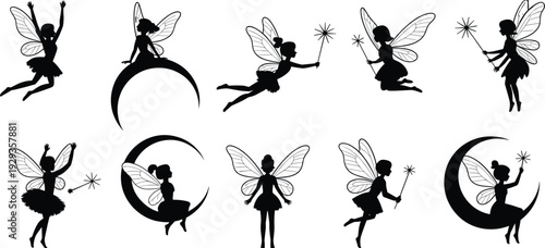 Magical fairy silhouettes with wings and wands, enchanting vector illustration featuring crescent moons, whimsical poses, fantasy art design inspiration.