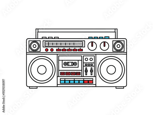 Retro Boombox Cassette Player with Speakers and Controls.