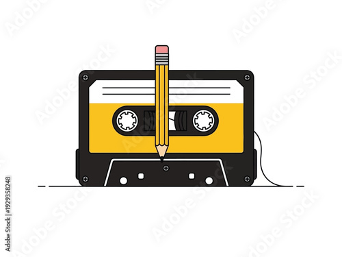 Retro Cassette Tape with Pencil for Rewinding Music.