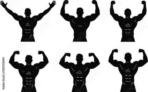 Muscular man bodybuilder silhouette set with strong athlete posing for gym fitness workout and powerlifting concept vector illustration for flavector