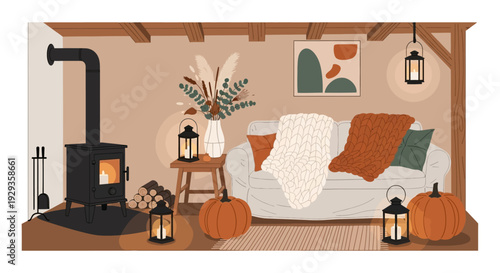Cozy autumn living room with fireplace and fall decorations.