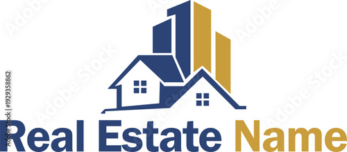 Blue and gold abstract building and house logo real