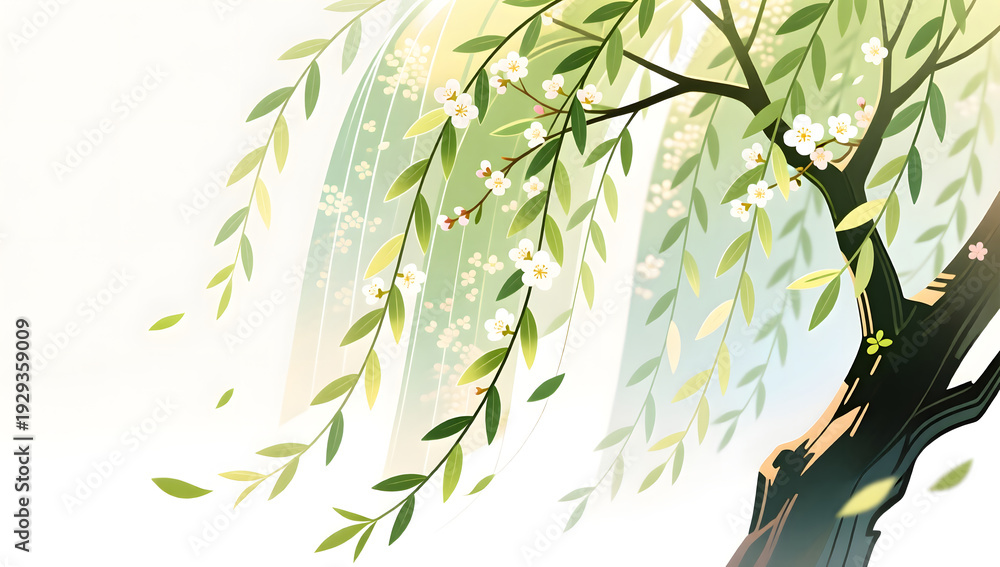 Naklejka premium Sunlit willow leaves with translucent texture in spring