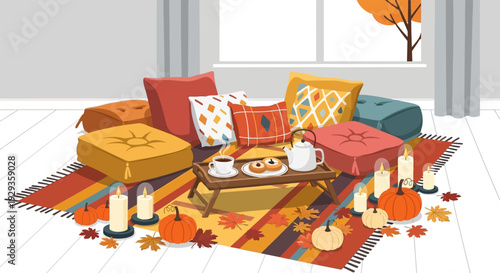 Cozy autumnal indoor picnic setup with cushions and candles.