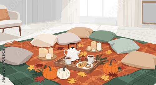 Cozy Autumn Picnic Setup in a Living Room with Comforting Drinks and Snacks.