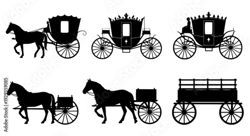 Vintage Horse Carriage and Farm Wagon Silhouette Collection Isolated on White Background