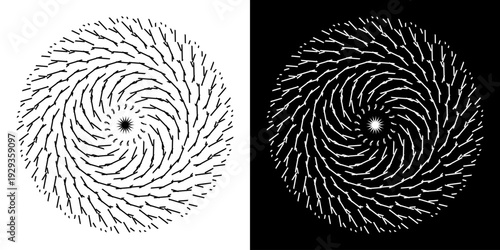 Abstract background with abstract line pattern in circles. Spiral art design as a logo or icon. A black figure on a white background and the same white figure on a black side. Mandala design with line