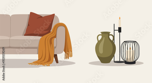 Cozy beige sofa with orange throw blanket and decorative vases.