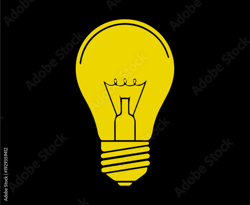 Glowing Yellow Light Bulb Icon on Black Background for Idea, Innovation, and Creativity Concept.