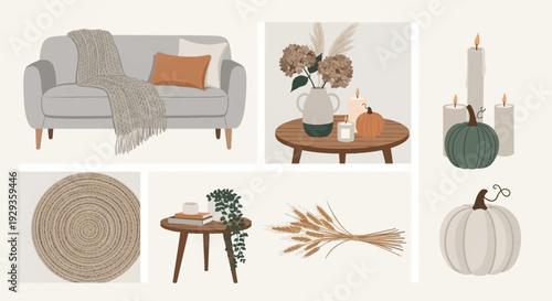Cozy autumnal home decor elements and furniture arrangement.