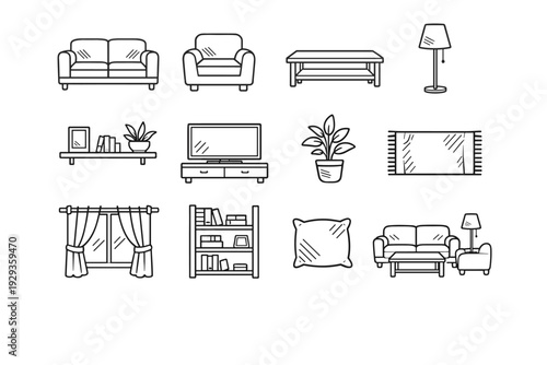 Minimal line art set of living room furniture and decor icons including sofas, armchair, coffee table, shelving, TV stand, curtains, rug, lamp, plants