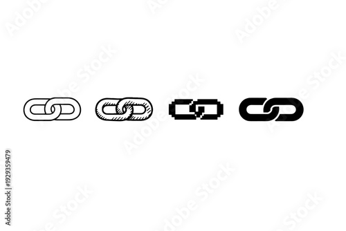 Row of four chain link icons in different styles, from outline and hatched illustration to pixelated and solid vector symbols on white background