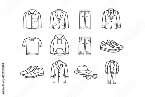 Minimal line art set of clothing and accessories including shirts, jackets, pants, shorts, hoodie, shoes, hat, and sunglasses in outline style