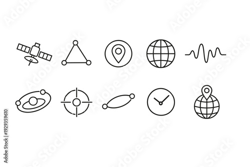 Minimal line icon set featuring satellite, network nodes, location pin, globe, waveform, orbit, crosshair target, link path, clock, and geotag symbol