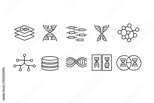 Minimal black line icons set illustrating DNA helix structures, genetic sequencing, molecular networks, databases, and bioinformatics concepts