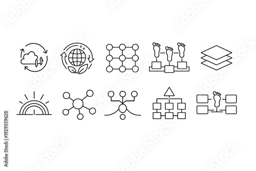 Set of minimal line icons showing sustainability, global ecosystem, network nodes, hierarchy charts, workflow steps, layered stack and sunrise concept