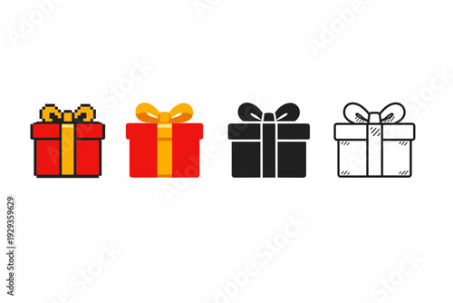 Four gift box icons in pixel, flat, silhouette, and outline styles showing wrapped presents with ribbon bows on a clean white background