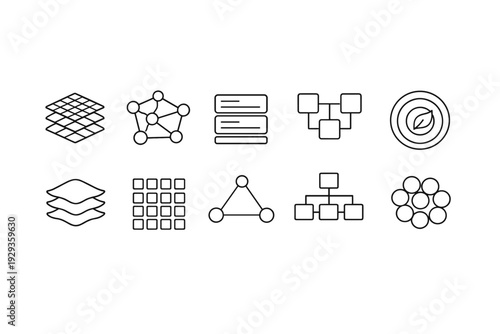 Minimal line icon set of abstract technology and data symbols including layers, network nodes, dashboard cards, flowcharts, grids, and clusters