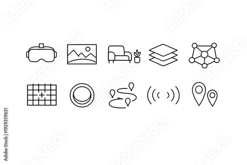 Minimal line icon set showing virtual reality headset, landscape photo, sofa, plant, layers, network nodes, grid, circle, route path, wireless signal, and map pins
