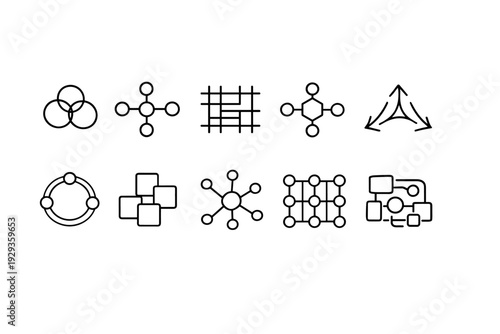Collection of minimal black line icons showing abstract network structures, nodes, grids, and interconnected geometric shapes on a white background
