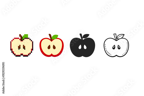 Four apple half illustrations in pixel, flat color, solid silhouette, and outline line-art styles, arranged in a row on a clean white background