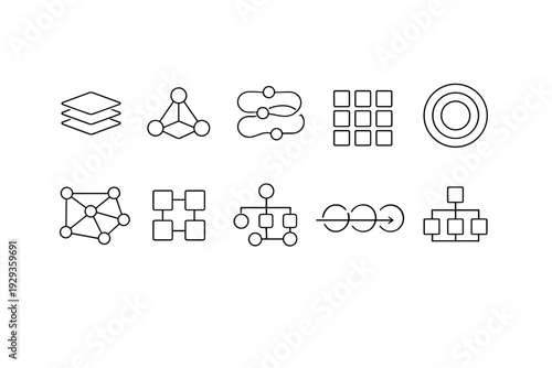 Minimal black line set of abstract network, flowchart, process, layers, grid and target icons for technology diagrams and interface design