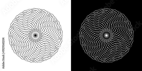 Abstract background with abstract line pattern in circles. Spiral art design as a logo or icon. A black figure on a white background and the same white figure on a black side. Mandala design with line