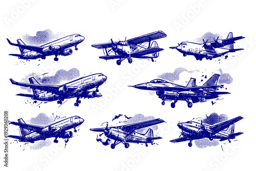 Airplane Mid-Flight Landing Gear Deployed Isolated Halftone Vintage Dots Texture Cut-Out Retro Collage Mixed Media