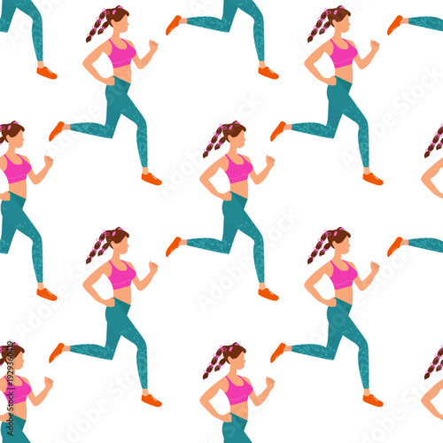 Seamless sports pattern with symbols of fitness and yoga, running. Decor textile wrapping paper. Vector seamless texture