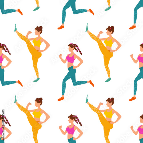 Seamless sports pattern with symbols of fitness and yoga, running. Decor textile wrapping paper. Vector seamless texture