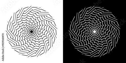 Abstract background with abstract line pattern in circles. Spiral art design as a logo or icon. A black figure on a white background and the same white figure on a black side. Mandala design with line