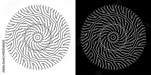 Abstract background with abstract line pattern in circles. Spiral art design as a logo or icon. A black figure on a white background and the same white figure on a black side. Mandala design with line