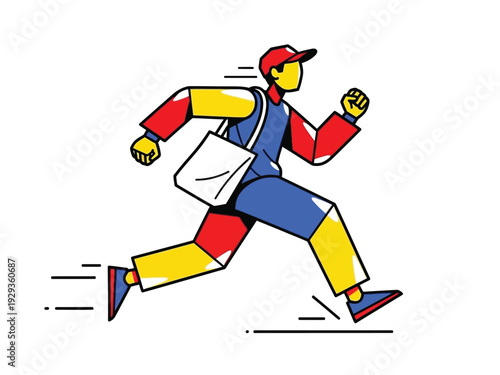 Stylized illustration of a person running with a bag.