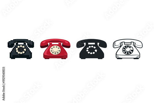 Row of four vintage rotary dial telephones in pixel art and line drawing styles, showing different colors and retro communication icons on white