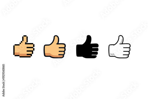 Row of four thumbs-up hand icons in different styles, including pixel art, flat illustration, solid silhouette, and outlined sketch on white background