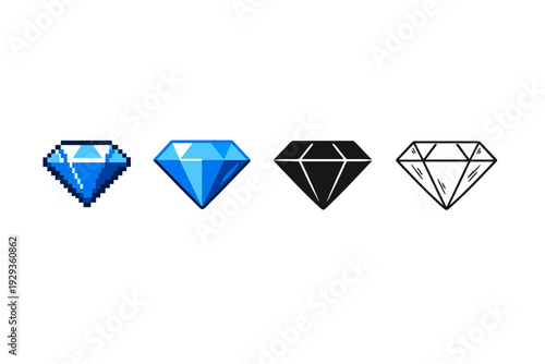 Set of four stylized diamond icons in pixel and flat vector styles, featuring blue, black, and outline gemstones on a clean white background