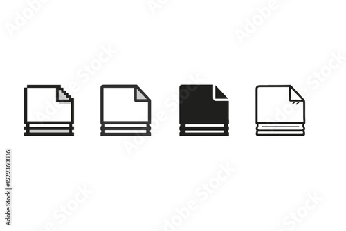 Minimal black and white set of four document file icons with folded corners, displayed in a row as simple flat vector symbols on white background