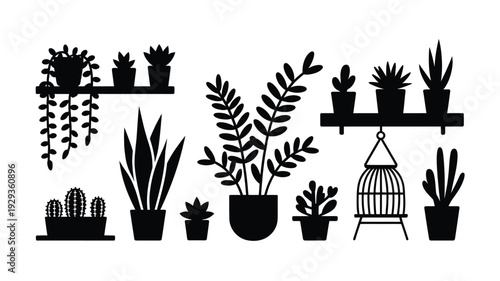 Black silhouettes of various potted plants and a birdcage