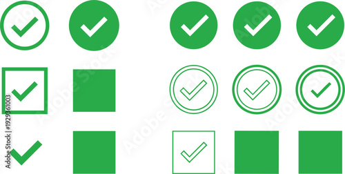 Green Check Mark Icon Set Approval Tick Symbols in Circle and Square Isolated on White Background