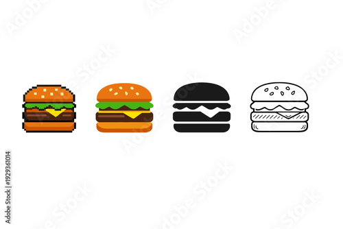 Set of four hamburger icons in pixel, flat, silhouette, and outline styles arranged in a row on a clean white background