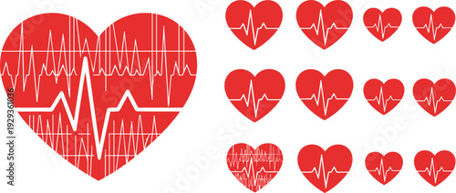 Heart Pulse Icon Set with ECG Wave Distressed Texture Love Cardiology Symbol Isolated on White Background