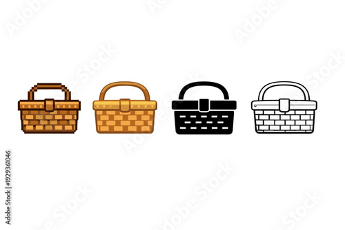 Row of four woven picnic baskets in pixel, colored, black, and outline styles, illustrating handbag icon variations on a clean white background