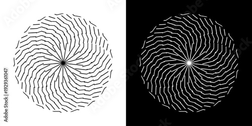 Abstract background with abstract line pattern in circles. Spiral art design as a logo or icon. A black figure on a white background and the same white figure on a black side. Mandala design with line