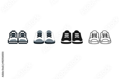 Row of four stylized sneaker pairs in monochrome and grayscale, showing front views with laces and soles in simple flat illustration style