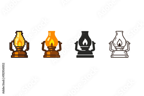 Set of four vintage kerosene lantern icons in pixel art and silhouette styles, showing glowing flame and outline variations on a white background